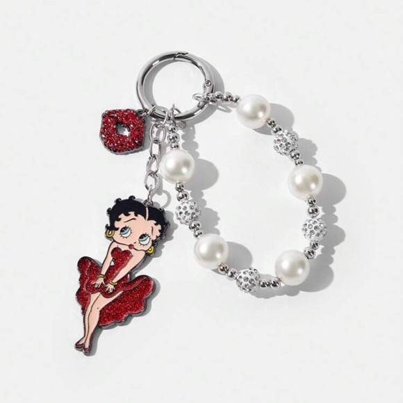 Betty Boop Cartoon Character Pattern Pearl & Crystal Decor Keychain Bag Charm, - Picture 2 of 4